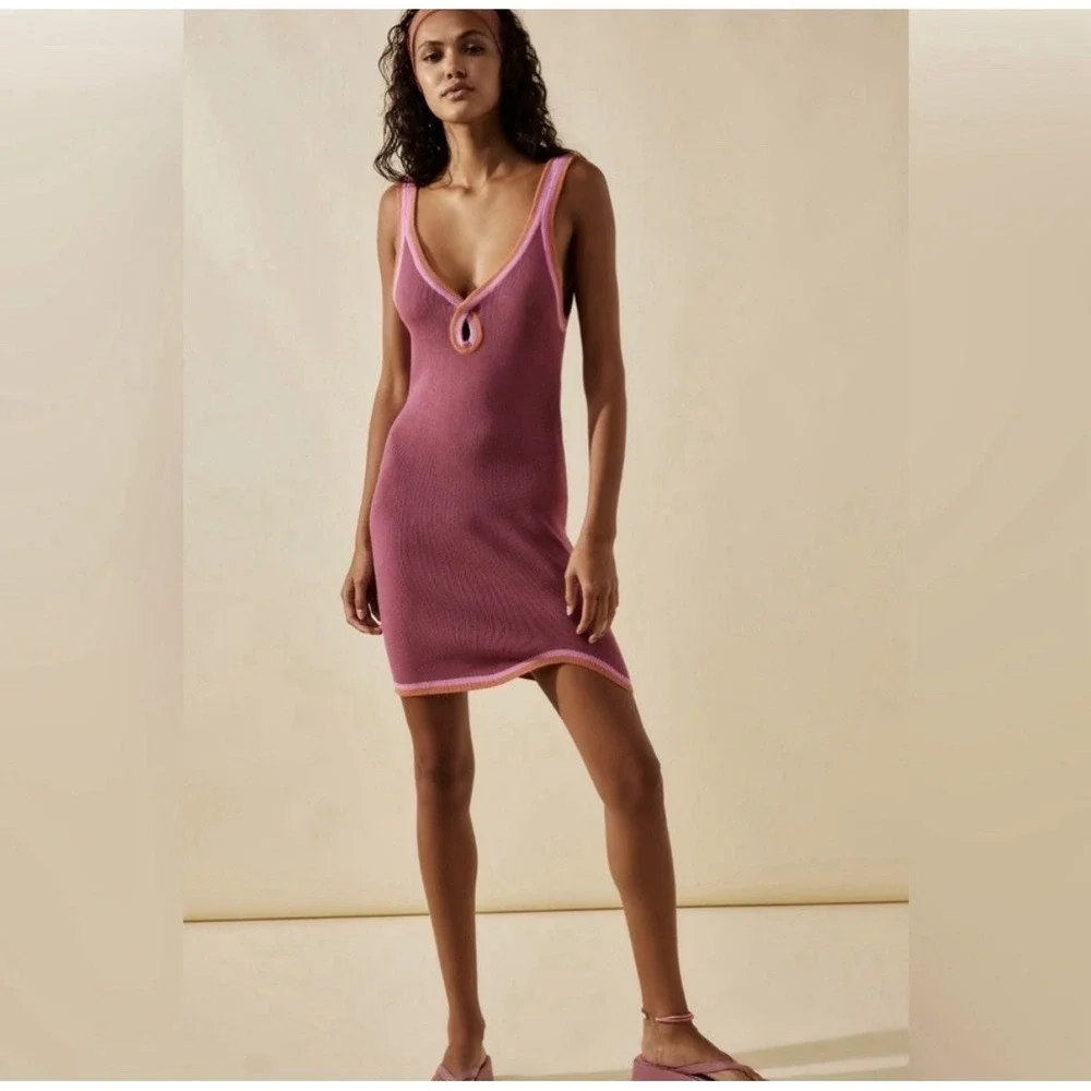 Free People Beach Pink Blair Sweater Knit Mini Dress Sz L Vacation Coastal